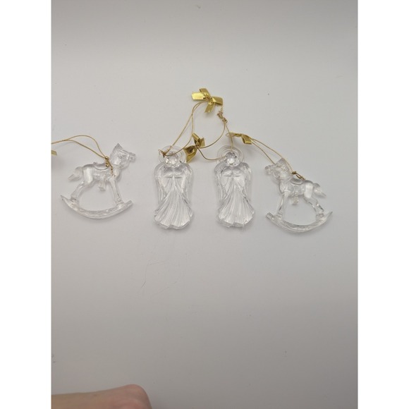 Vtg Set 4 Clear Acrylic Rocking Horse Angel Christmas Ornaments Gold‎ Bows - Picture 4 of 6